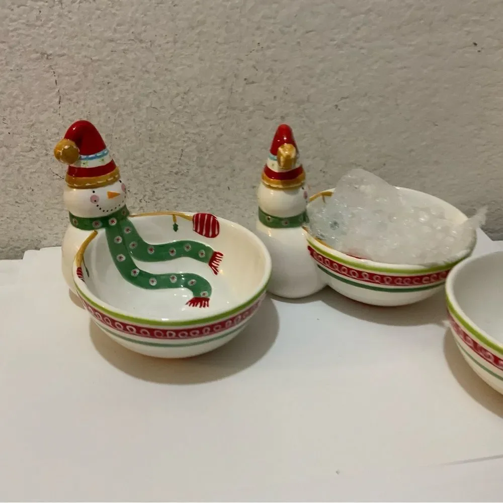 3 Pier 1 Snowball Red Hand Painted Dolomite Bowl 6” Assortment of Snowmen p10